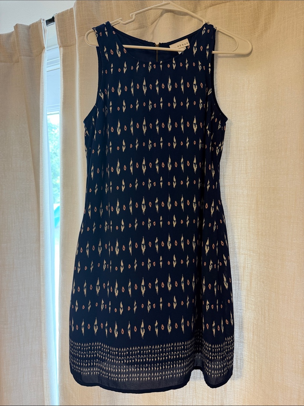 Kenar Navy Sleeveless Mini Dress with Cream Geometric Print